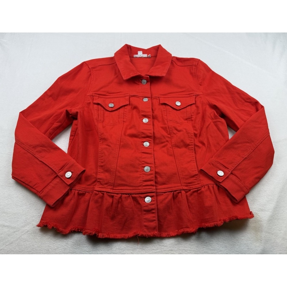 Chico's Women Red Denim Jacket Button Up Peplum Hem Fringe Fray Hem Cotton Sz L